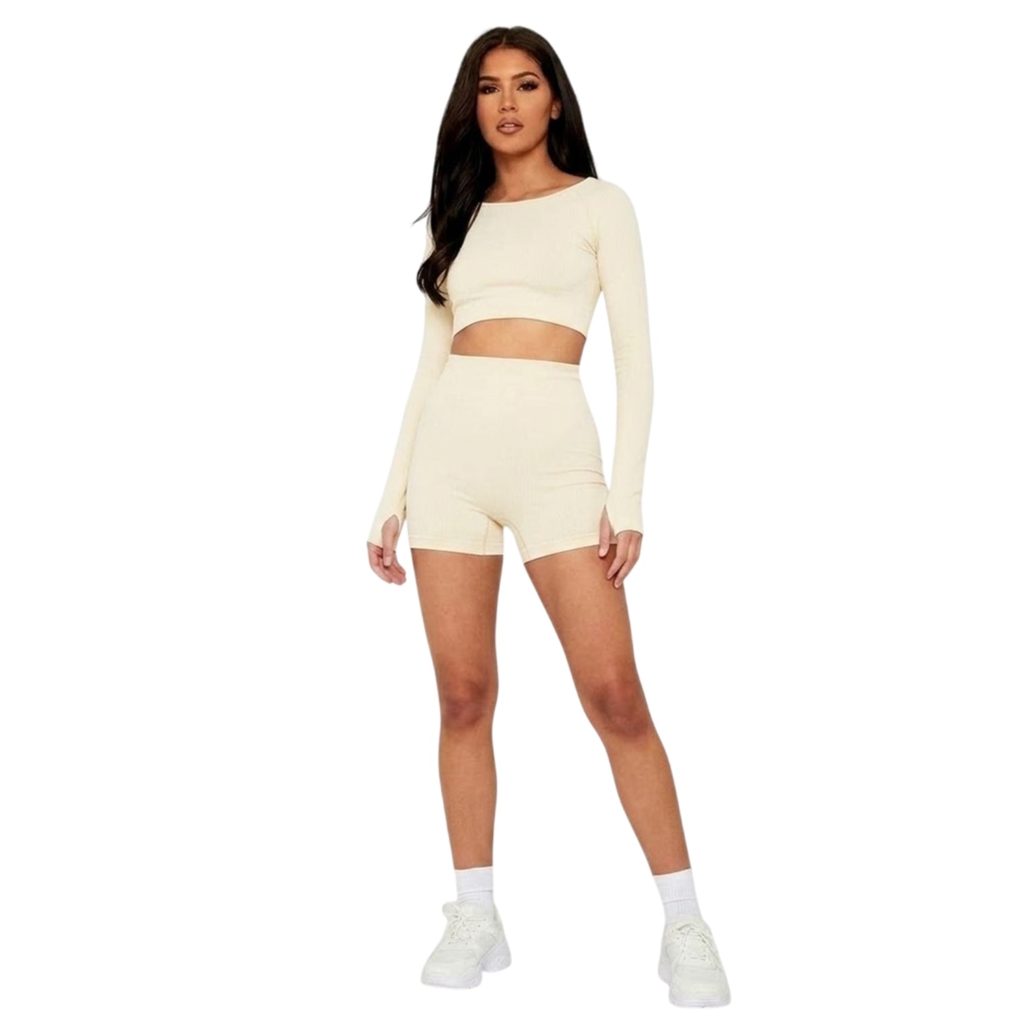 Cream - Back - Missy Empire Womens-Ladies Ruched Cycling Shorts