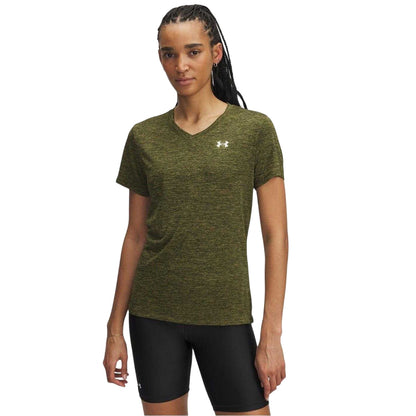 Olive Green - Front - Under Armour Womens-Ladies Twist V Neck Loose Fit T-Shirt