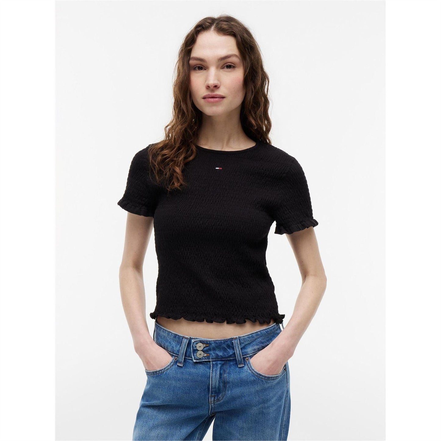 Black - Back - Tommy Jeans Womens-Ladies Shirred Cropped Smock Top