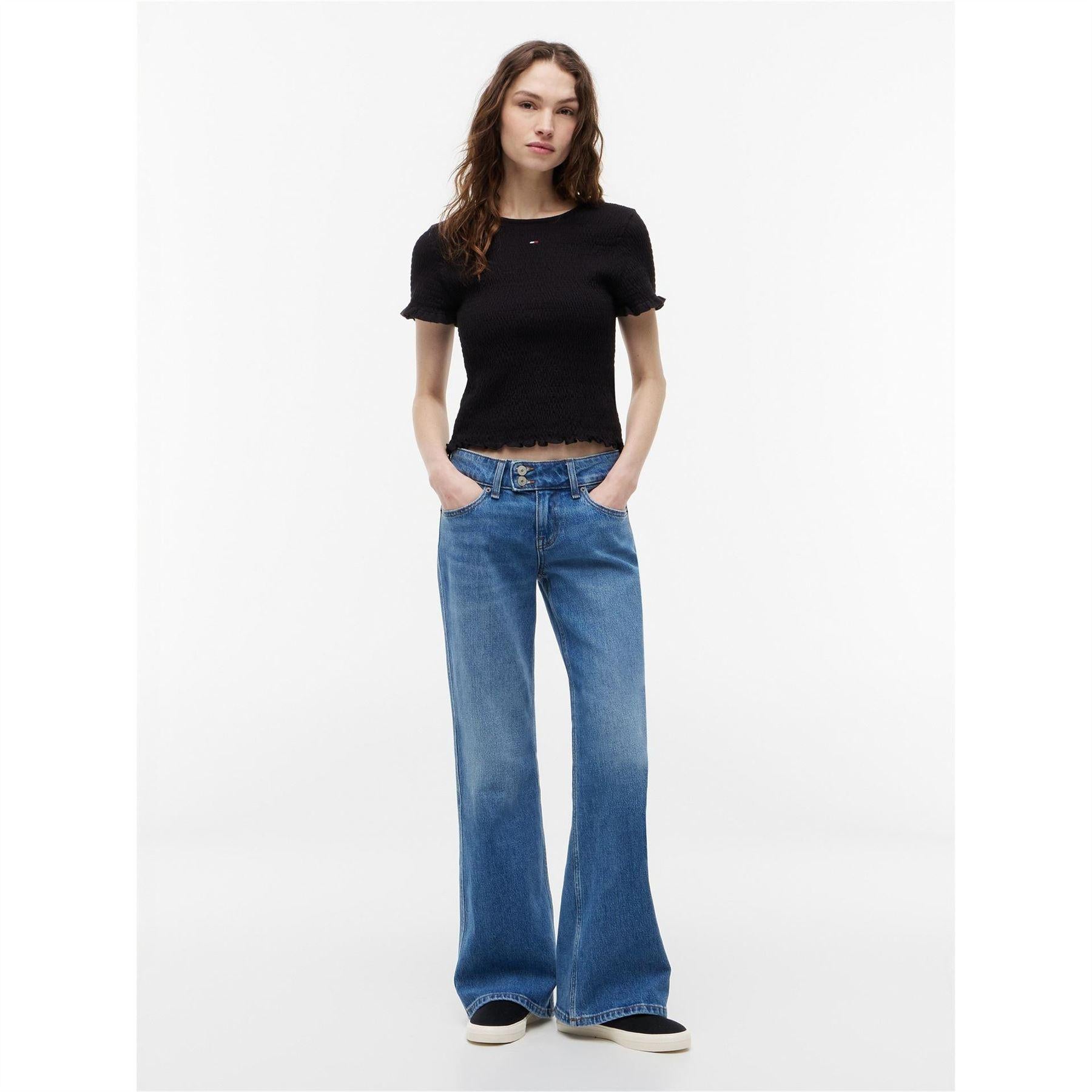 Black - Side - Tommy Jeans Womens-Ladies Shirred Cropped Smock Top