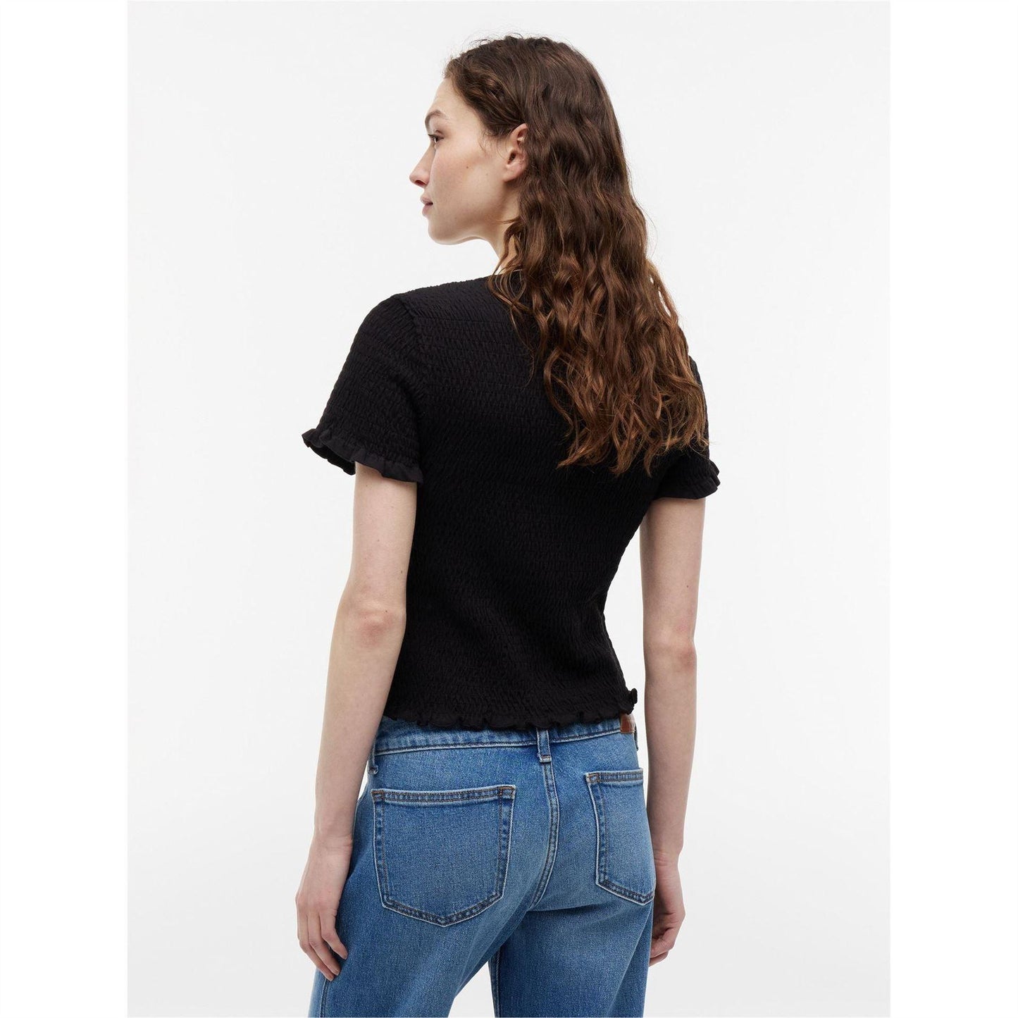 Black - Pack Shot - Tommy Jeans Womens-Ladies Shirred Cropped Smock Top