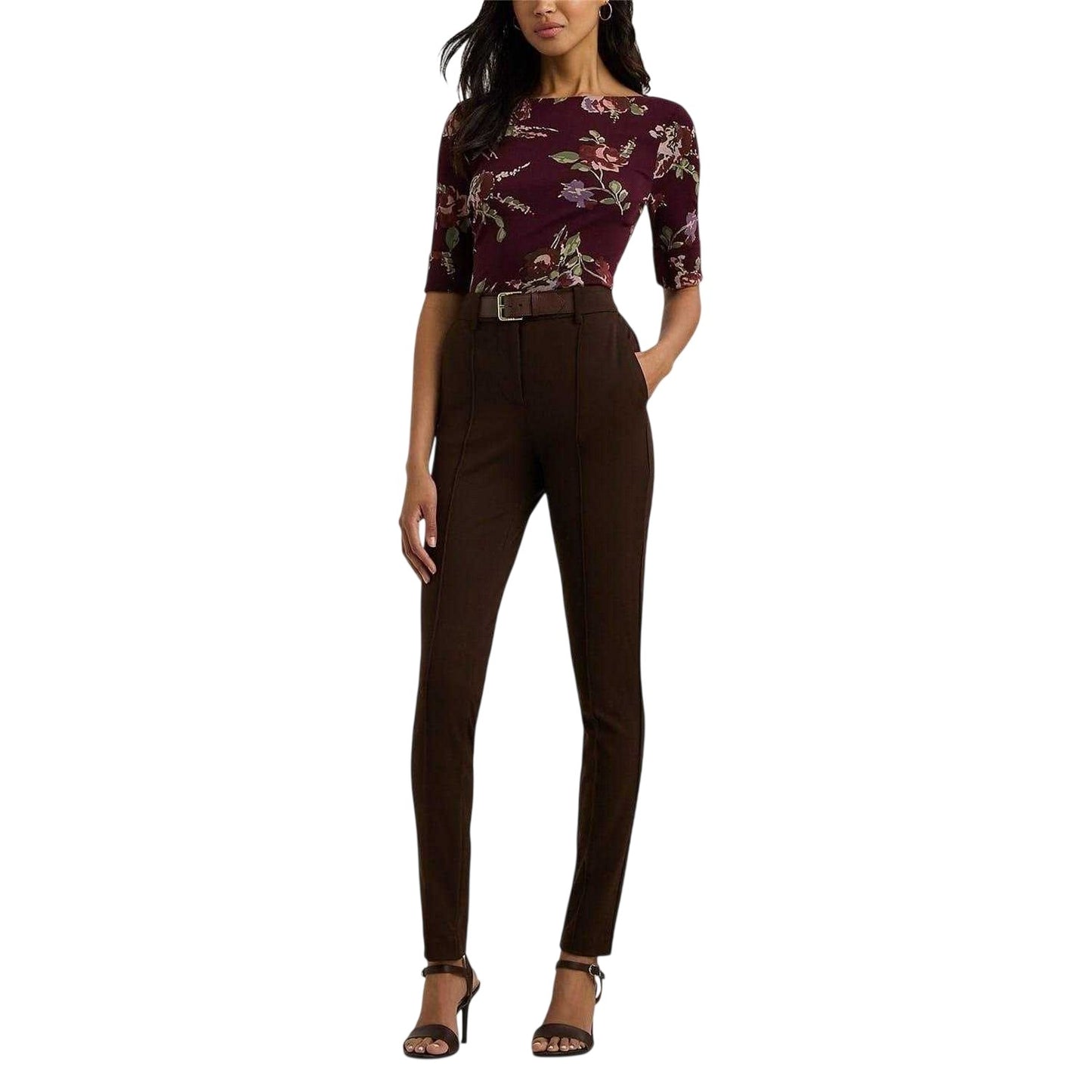 Burgundy Print - Side - Ralph Lauren Womens-Ladies Floral T-Shirt