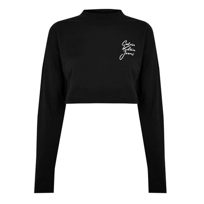Black - Front - Calvin Klein Womens-Ladies Jeans Chest Logo Mock Neck Crop Top