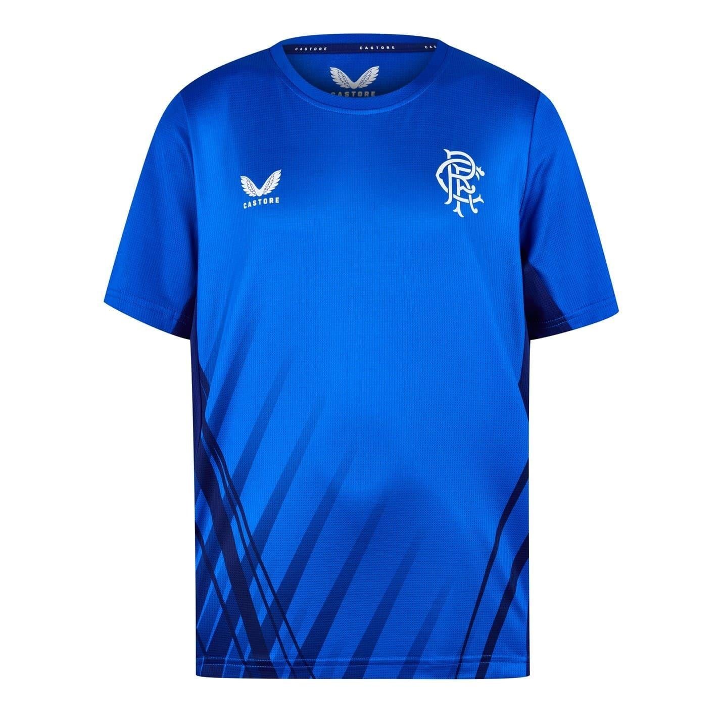 Blue - Front - Castore Childrens-Kids Rangers FC Ribbed Collar Training T-Shirt