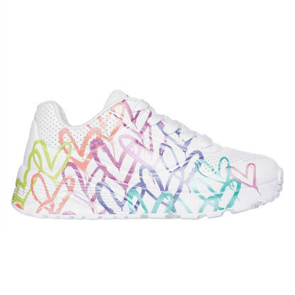White-Green-Black - Side - Skechers Childrens-Kids Uno Lite Heart Trainers