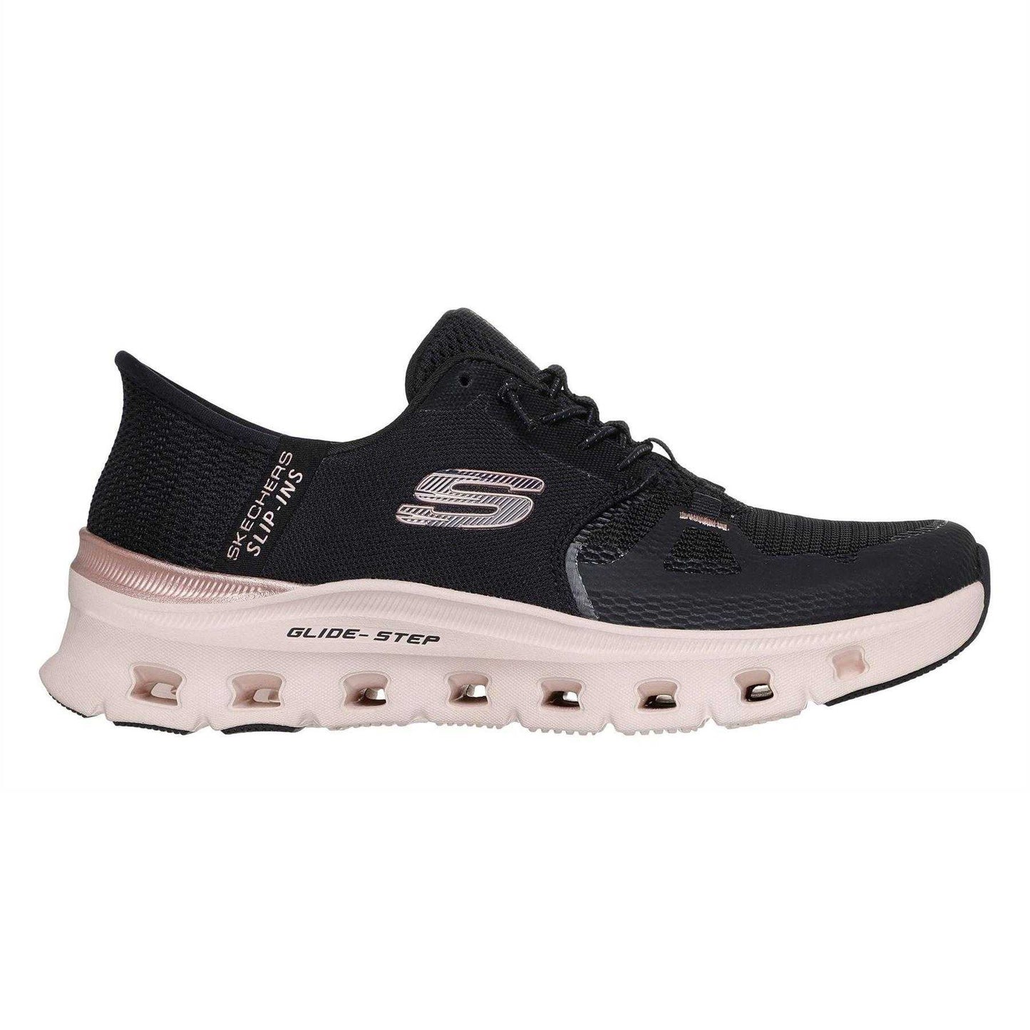 Black-Gold - Side - Skechers Womens-Ladies Pro Mesh Glide-Step Trainers