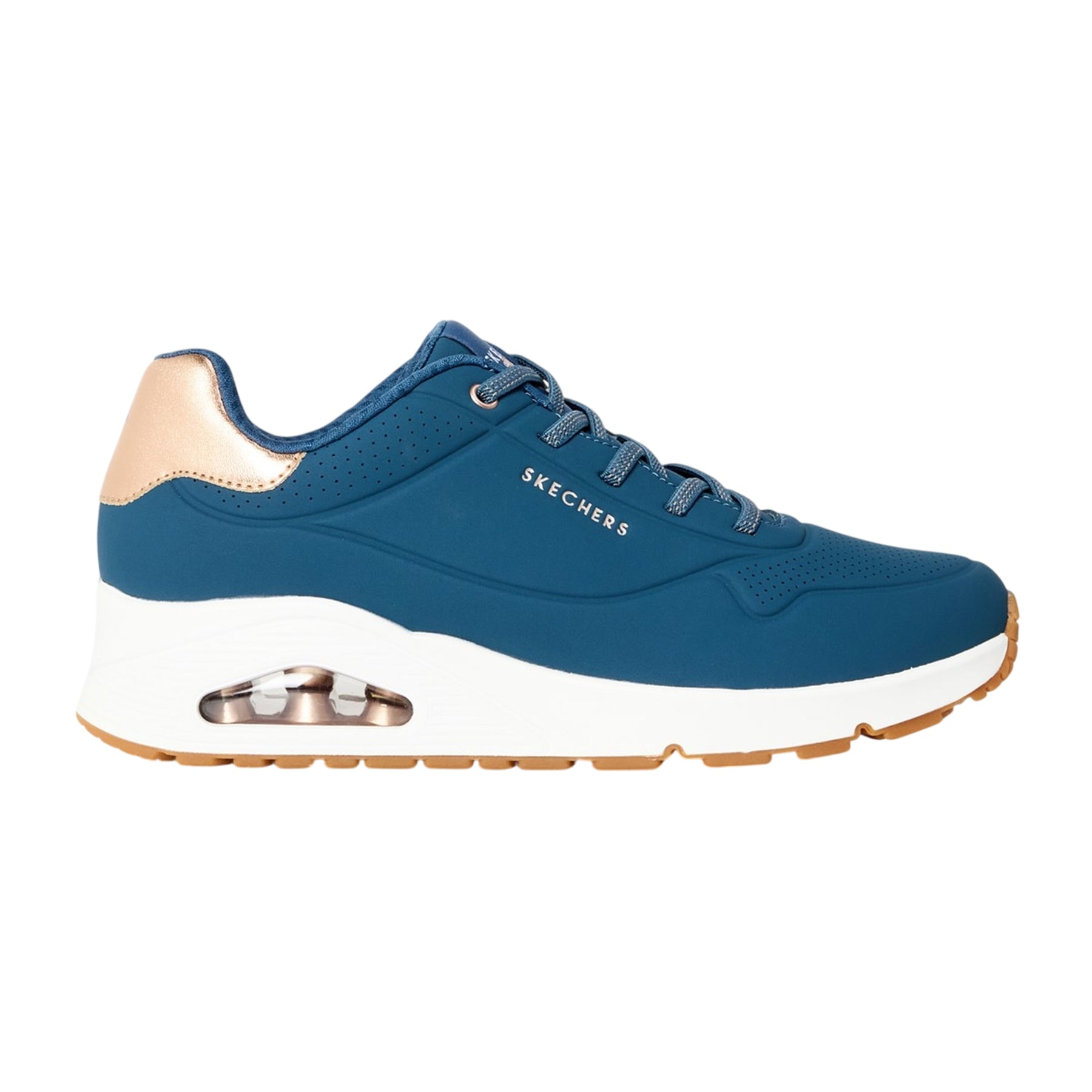 Navy-White-Pink - Back - Skechers Womens-Ladies Uno Stand On Air Wedge Trainers