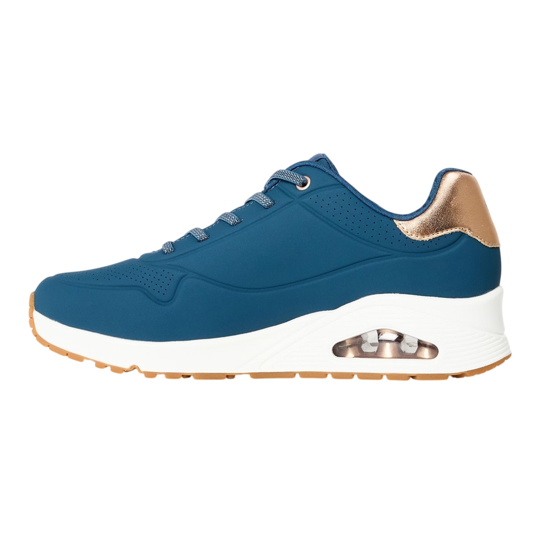 Navy-White-Pink - Side - Skechers Womens-Ladies Uno Stand On Air Wedge Trainers