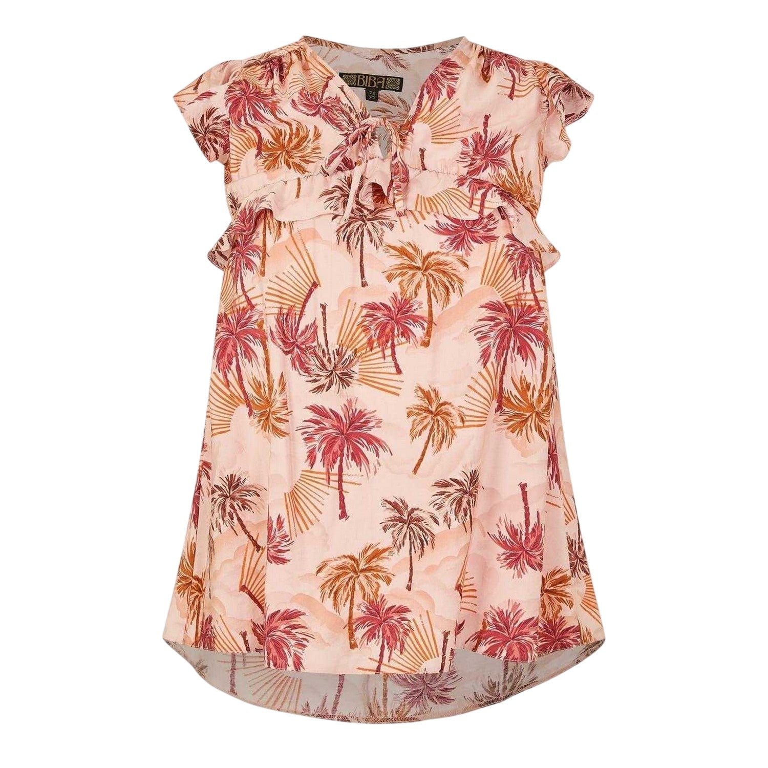 Orange - Front - Biba Girls Palm Tree Tie Neck Relaxed Fit Ruffle Blouse