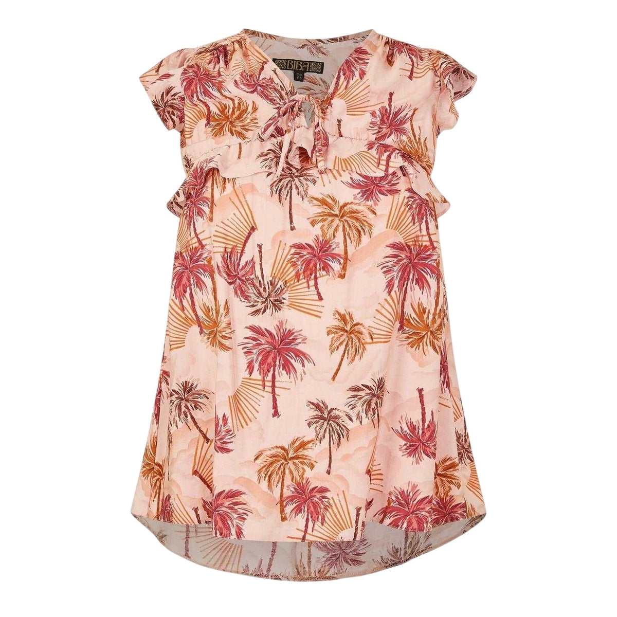 Orange - Front - Biba Girls Palm Tree Tie Neck Relaxed Fit Ruffle Blouse
