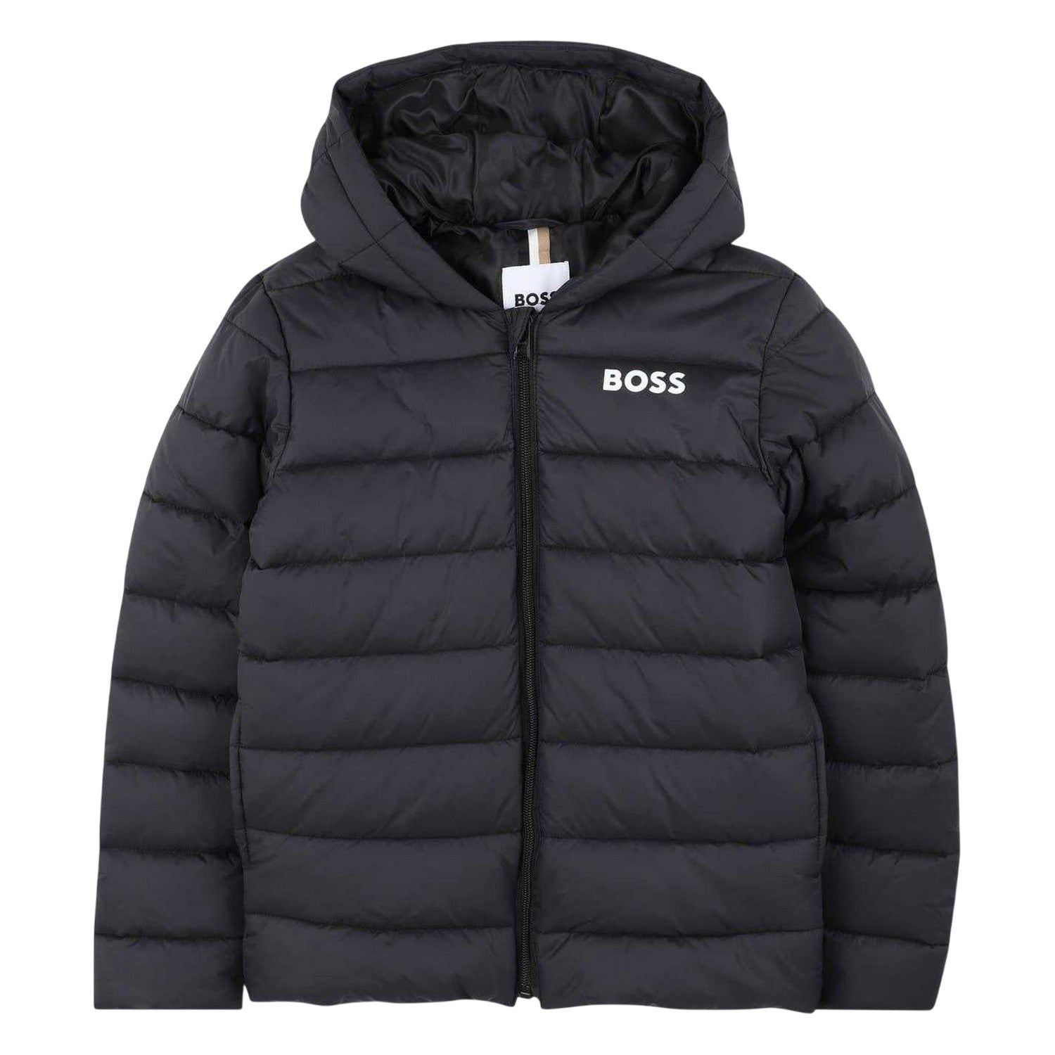 Black - Front - Boss Childrens-Kids Horizontal Stripe Hooded Regular Puffer Jacket