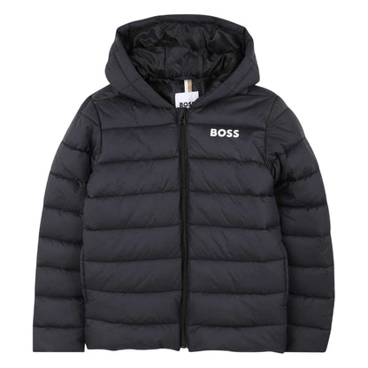 Black - Front - Boss Childrens-Kids Horizontal Stripe Hooded Regular Puffer Jacket