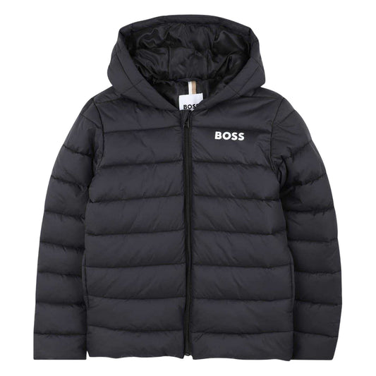 Black - Front - Boss Childrens-Kids Horizontal Stripe Hooded Regular Puffer Jacket