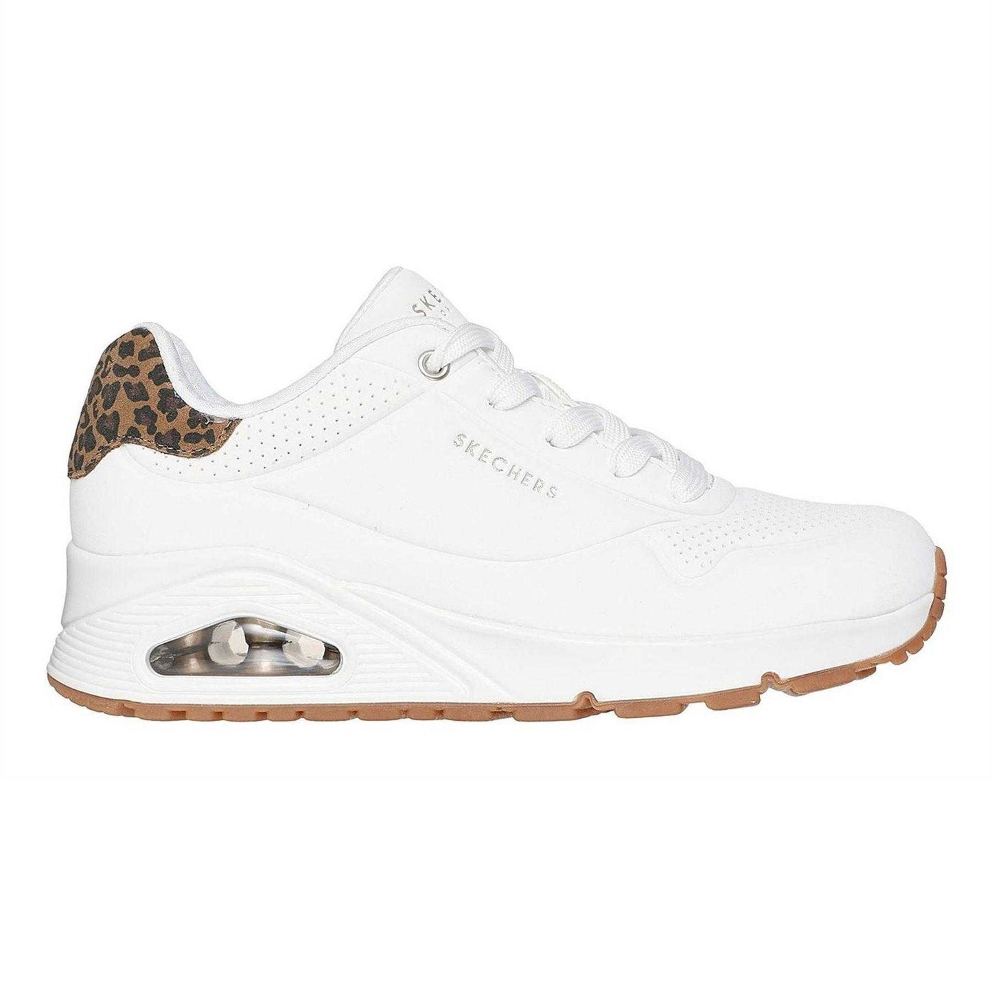 White - Side - Skechers Womens-Ladies Uno Stand On Air Leopard Print Trainers