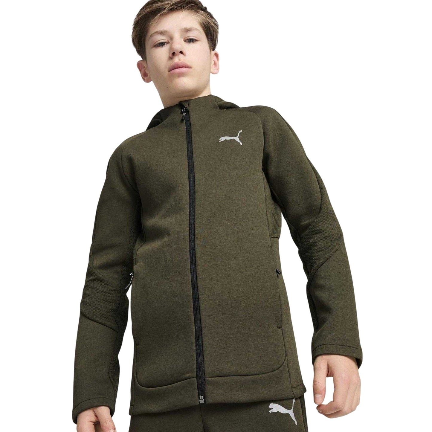 Dark Olive - Side - Puma Childrens-Kids Evostripe Full Zip Hoodie