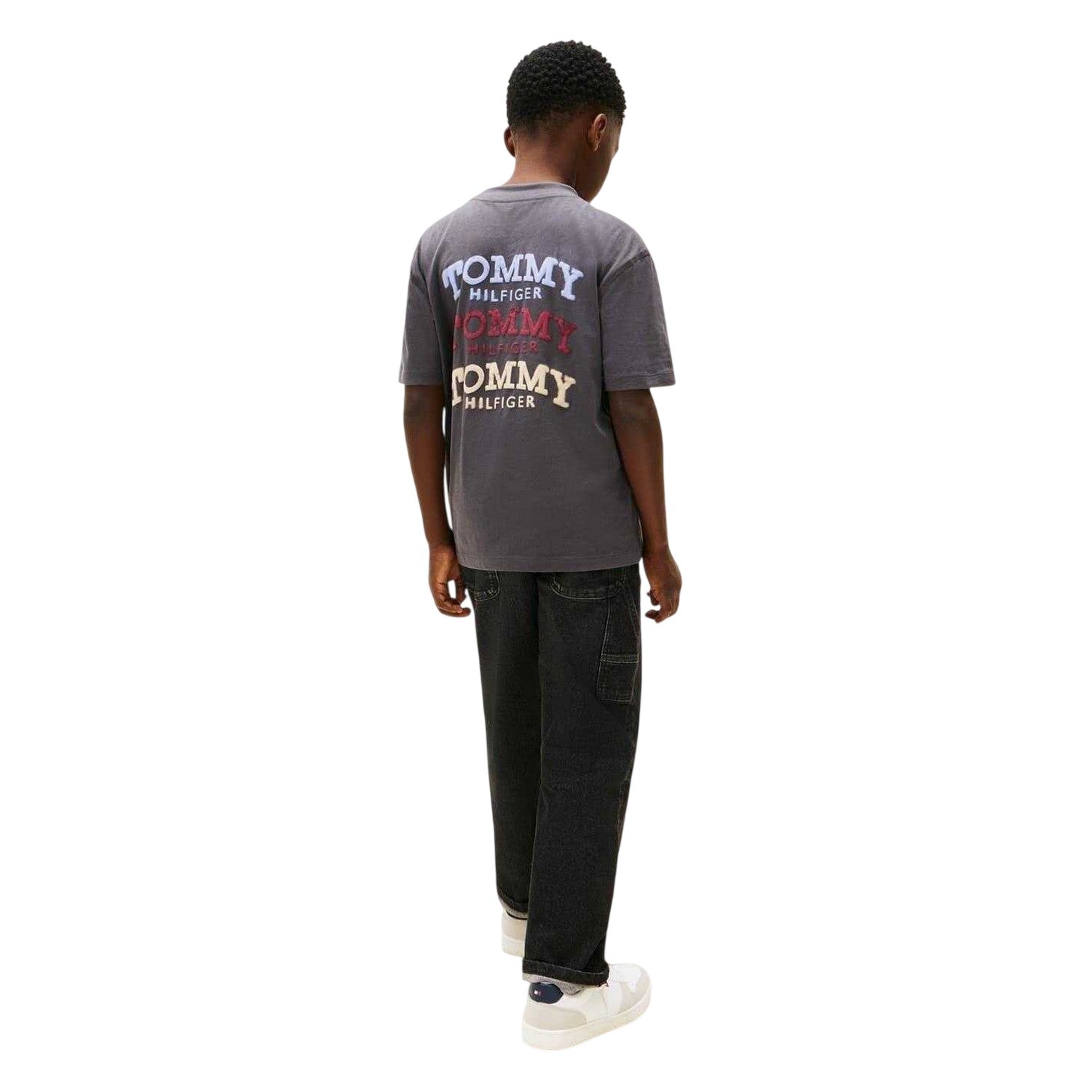 Washed Black - Back - Tommy Hilfiger Childrens-Kids Embroidered Logo Crew Neck T-Shirt