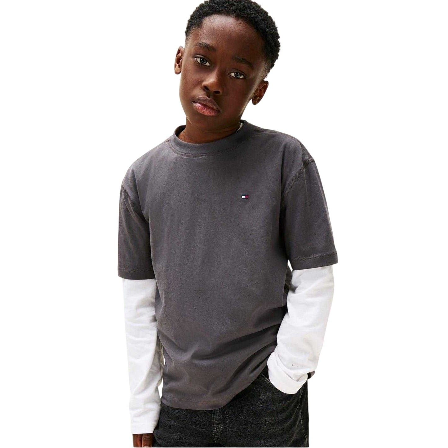 Washed Black - Side - Tommy Hilfiger Childrens-Kids Embroidered Logo Crew Neck T-Shirt