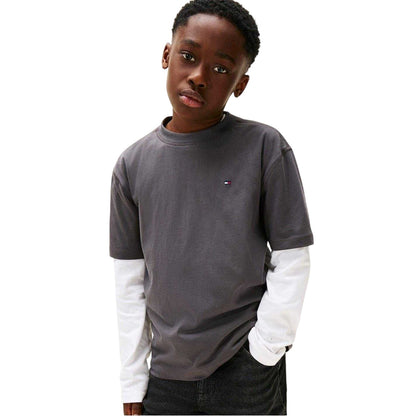 Washed Black - Side - Tommy Hilfiger Childrens-Kids Embroidered Logo Crew Neck T-Shirt