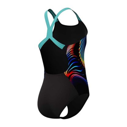 Black-Multicoloured - Side - Speedo Girls Digital Print Powerback One Piece Swimsuit