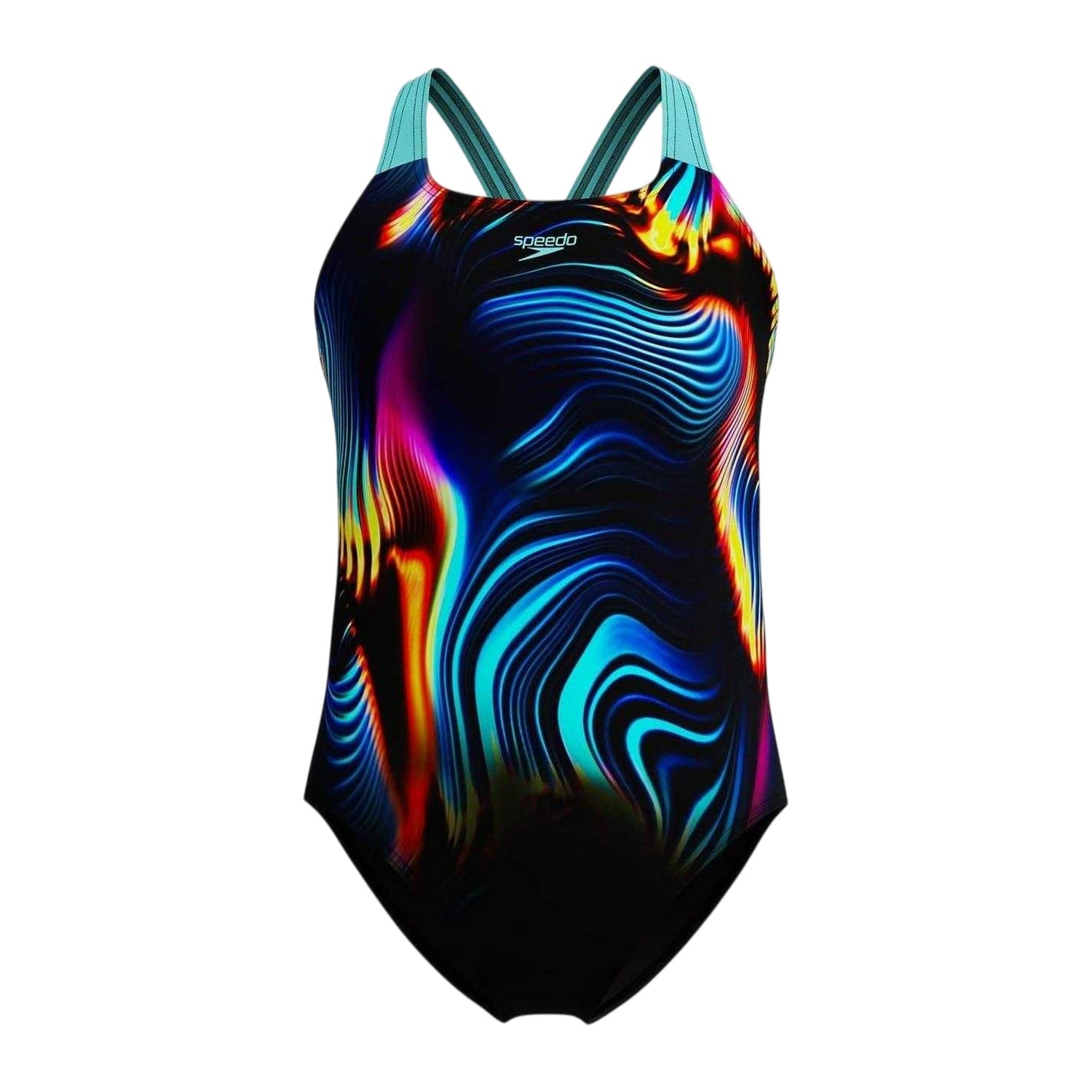Black-Multicoloured - Front - Speedo Girls Digital Print Powerback One Piece Swimsuit
