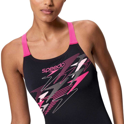 Anthracite-Pink - Side - Speedo Womens-Ladies Medalist Logo One Piece Swimsuit