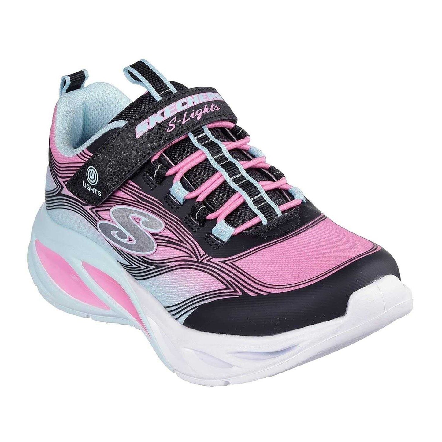 Black-Pink - Pack Shot - Skechers Childrens-Kids S-Lights Cosmic Glow Leather Trainers