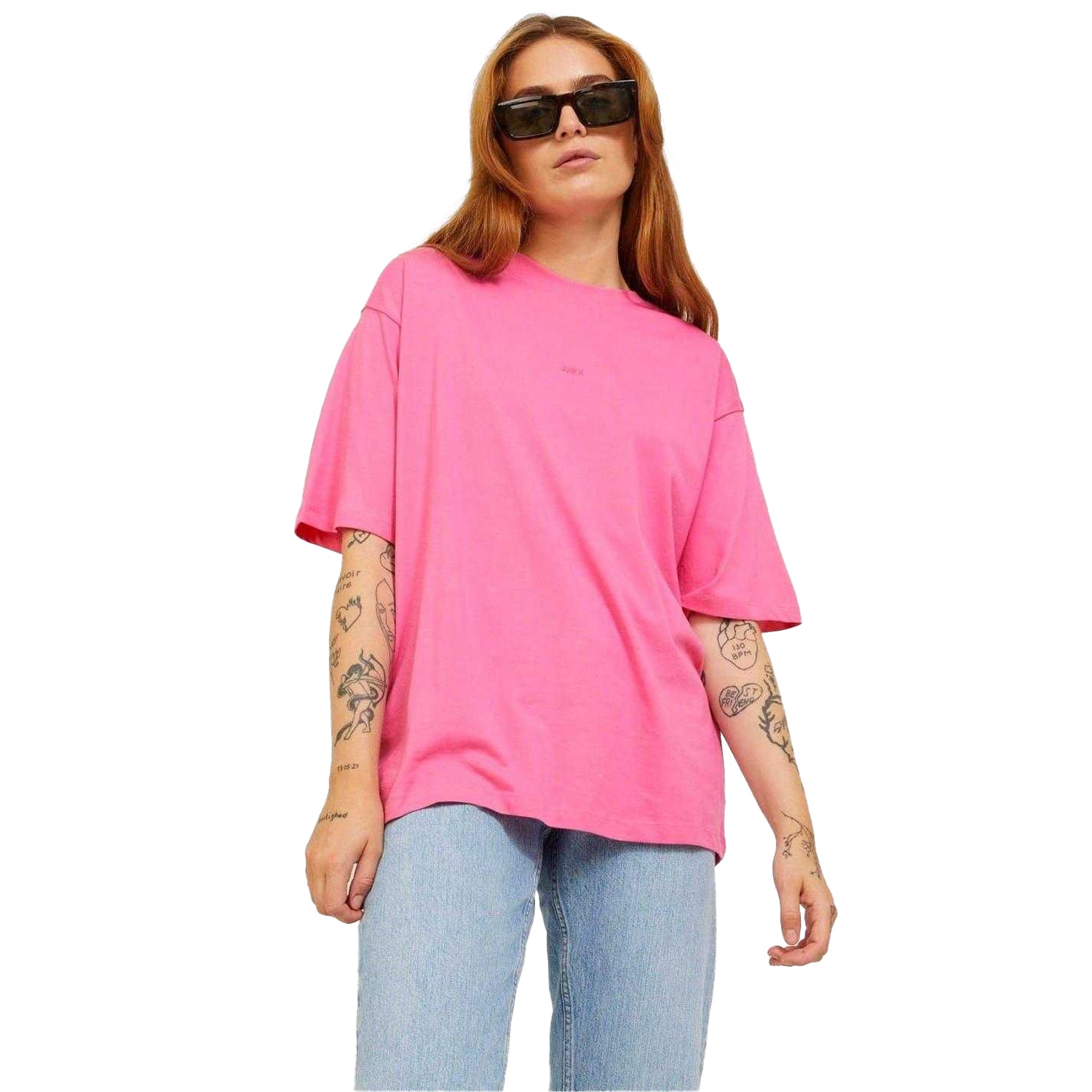 Carmine Rose - Side - JJXX Womens-Ladies Logo Loose T-Shirt