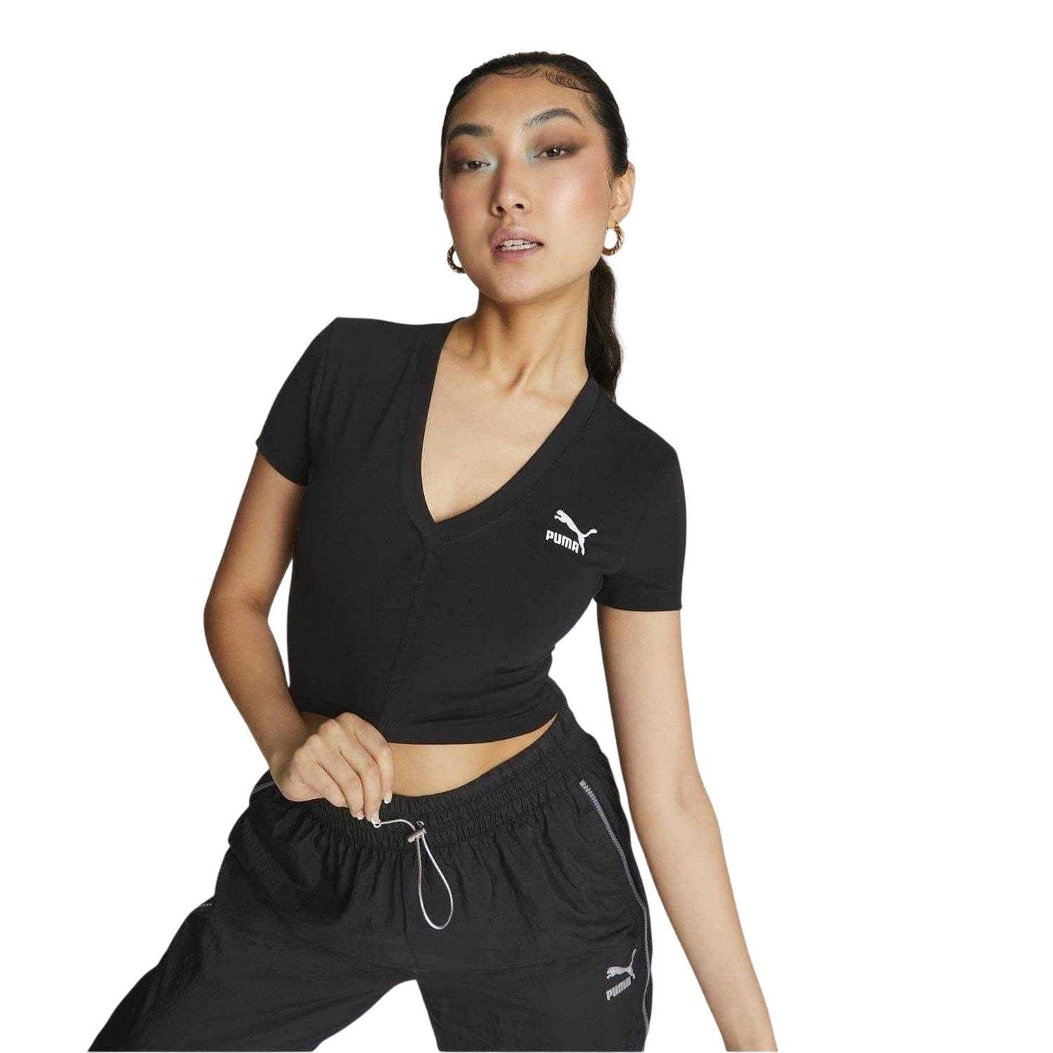 Black - Side - Puma Womens-Ladies Sportstyle Classic V Neck Crop T-Shirt