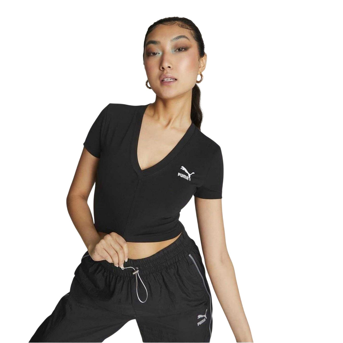 Black - Side - Puma Womens-Ladies Sportstyle Classic V Neck Crop T-Shirt