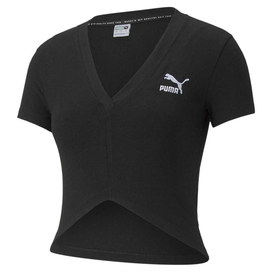 Black - Front - Puma Womens-Ladies Sportstyle Classic V Neck Crop T-Shirt