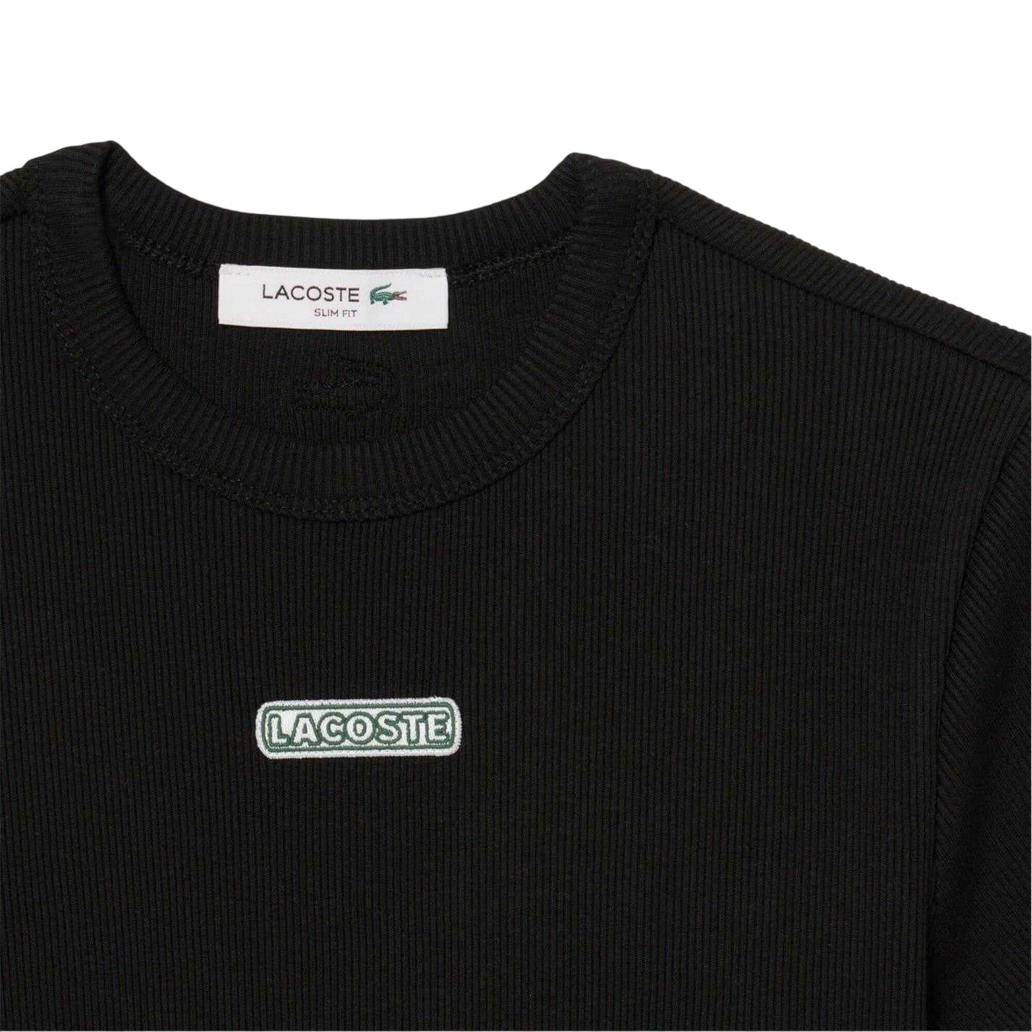 Black - Side - Lacoste Womens-Ladies Ribbed Crew Neck Slim T-Shirt