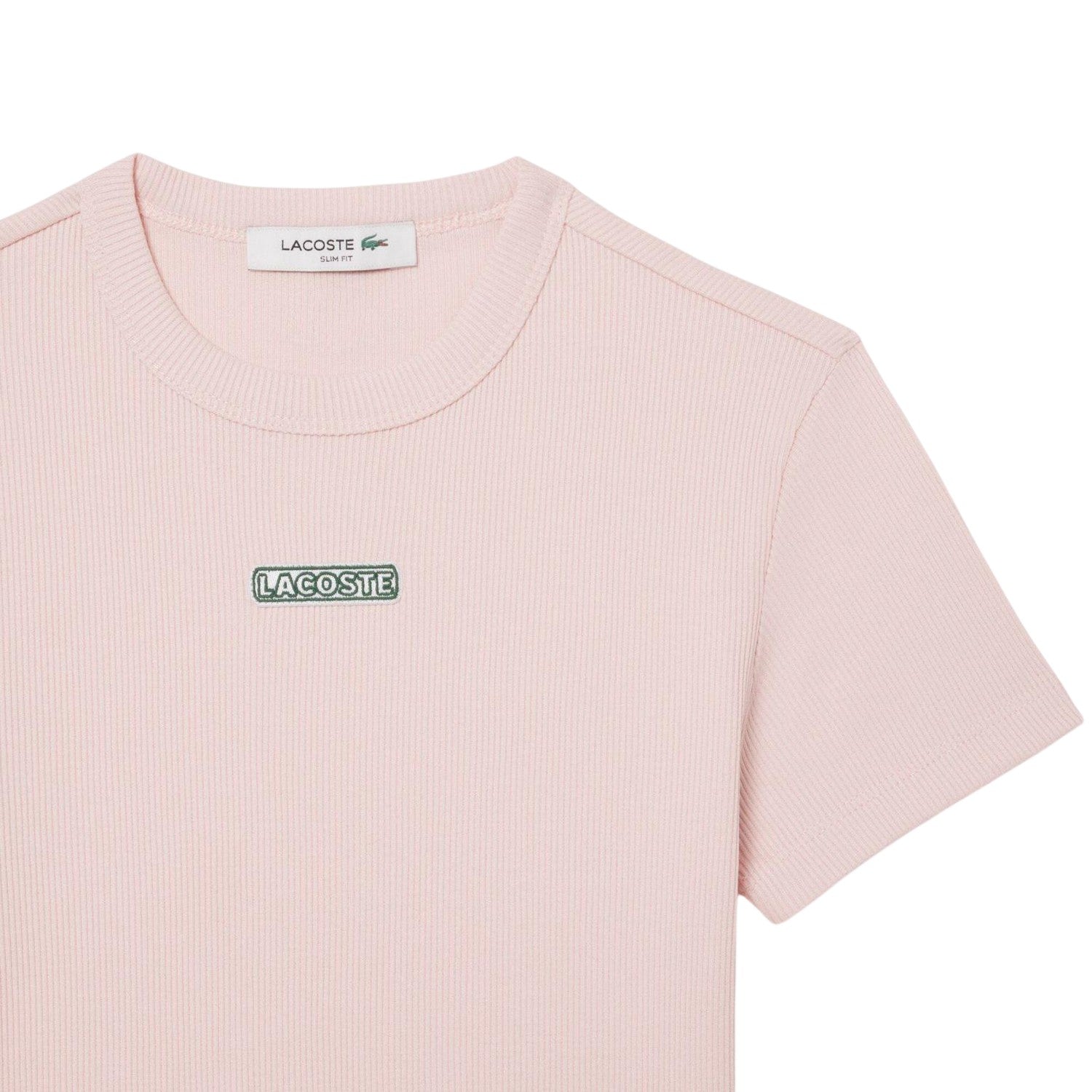 Pink - Side - Lacoste Womens-Ladies Ribbed Crew Neck Slim T-Shirt