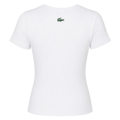 White - Back - Lacoste Womens-Ladies Ribbed Crew Neck Slim T-Shirt