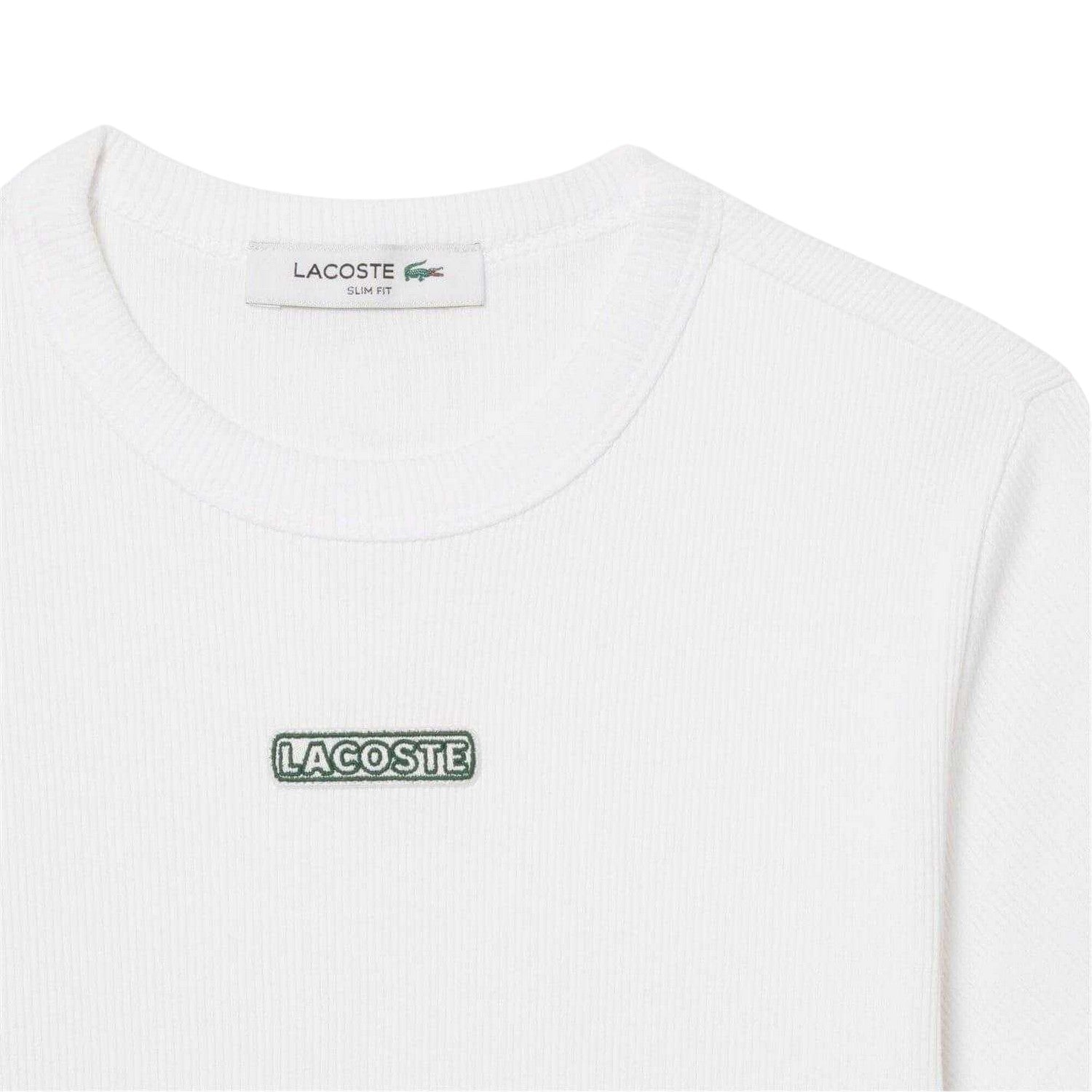 White - Side - Lacoste Womens-Ladies Ribbed Crew Neck Slim T-Shirt