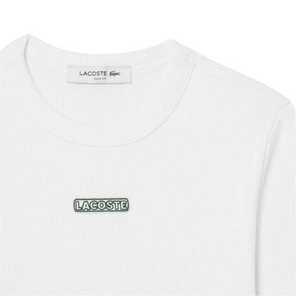 White - Side - Lacoste Womens-Ladies Ribbed Crew Neck Slim T-Shirt