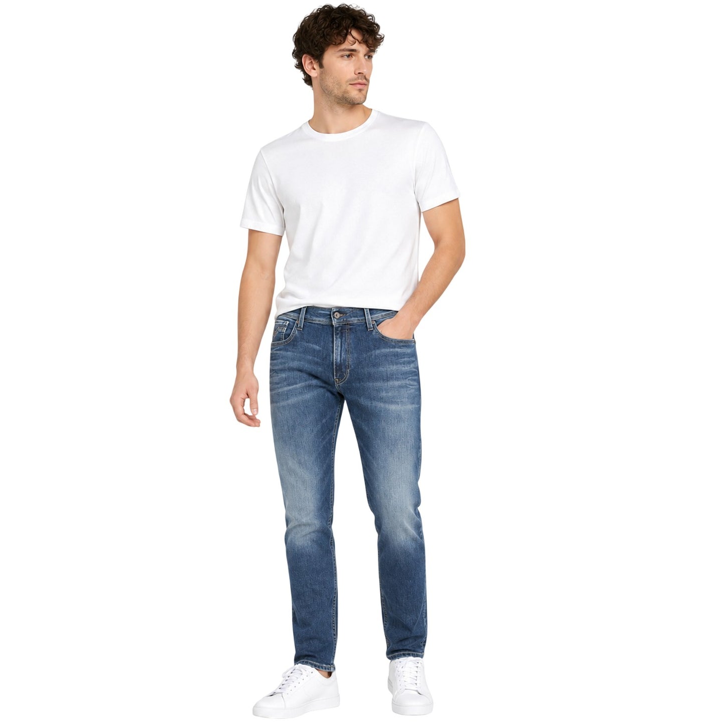 Blue - Side - Replay Mens Anbass Cotton Slim Jeans
