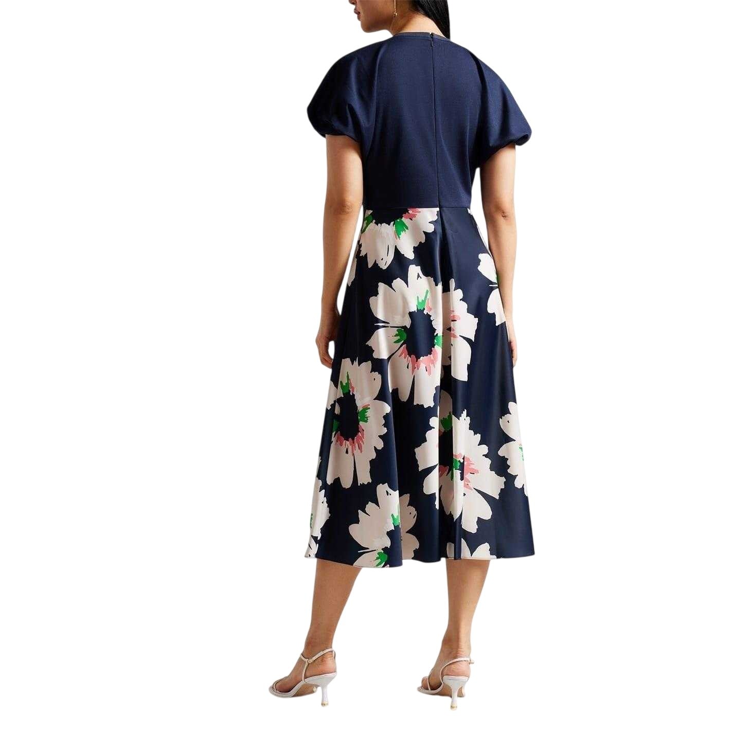 Dark Blue - Back - Ted Baker Womens-Ladies Floral A-line Puff Sleeve Midi Dress