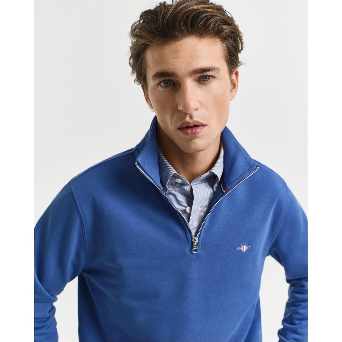 Blue - Side - Gant Mens Embroidered Logo Half Zip Sweatshirt