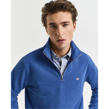 Blue - Side - Gant Mens Embroidered Logo Half Zip Sweatshirt
