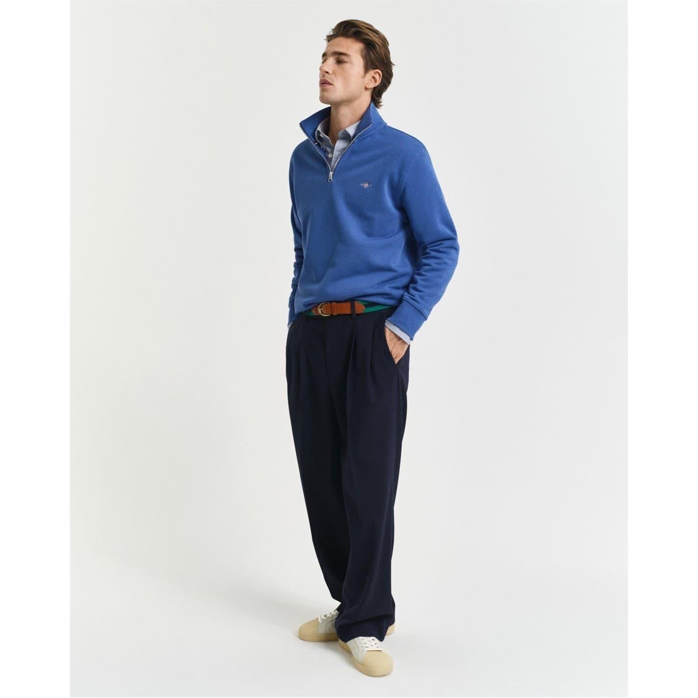 Blue - Lifestyle - Gant Mens Embroidered Logo Half Zip Sweatshirt