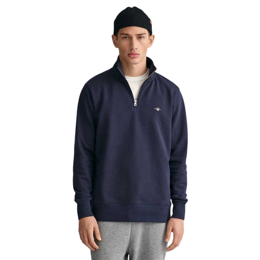Evening Blue - Front - Gant Mens Embroidered Logo Half Zip Sweatshirt
