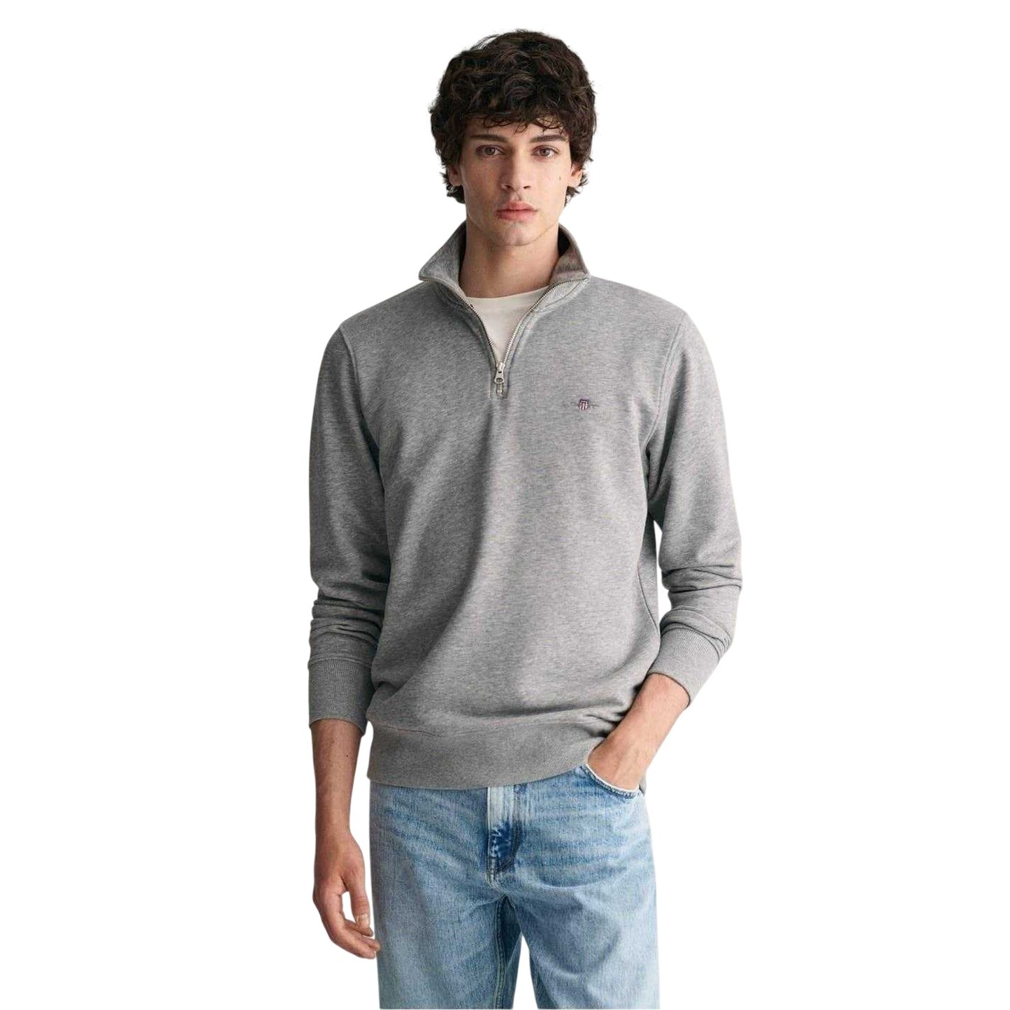 Grey - Front - Gant Mens Embroidered Logo Half Zip Sweatshirt