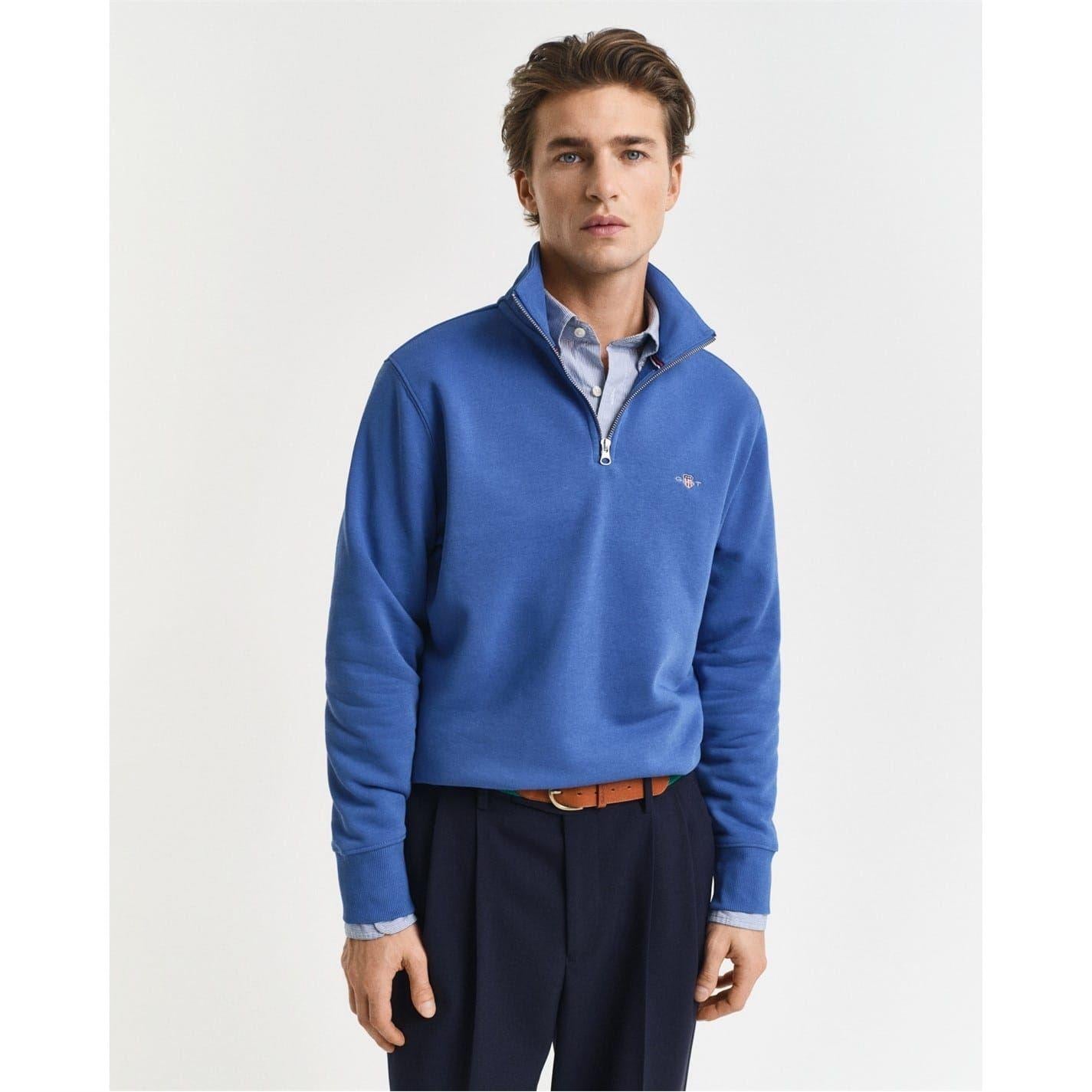 Blue - Front - Gant Mens Embroidered Logo Half Zip Sweatshirt