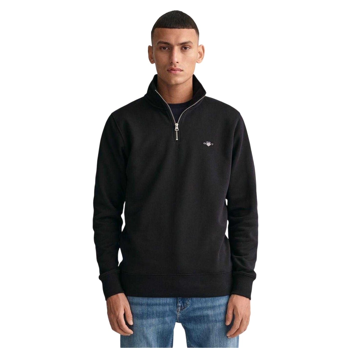 Black - Front - Gant Mens Embroidered Logo Half Zip Sweatshirt