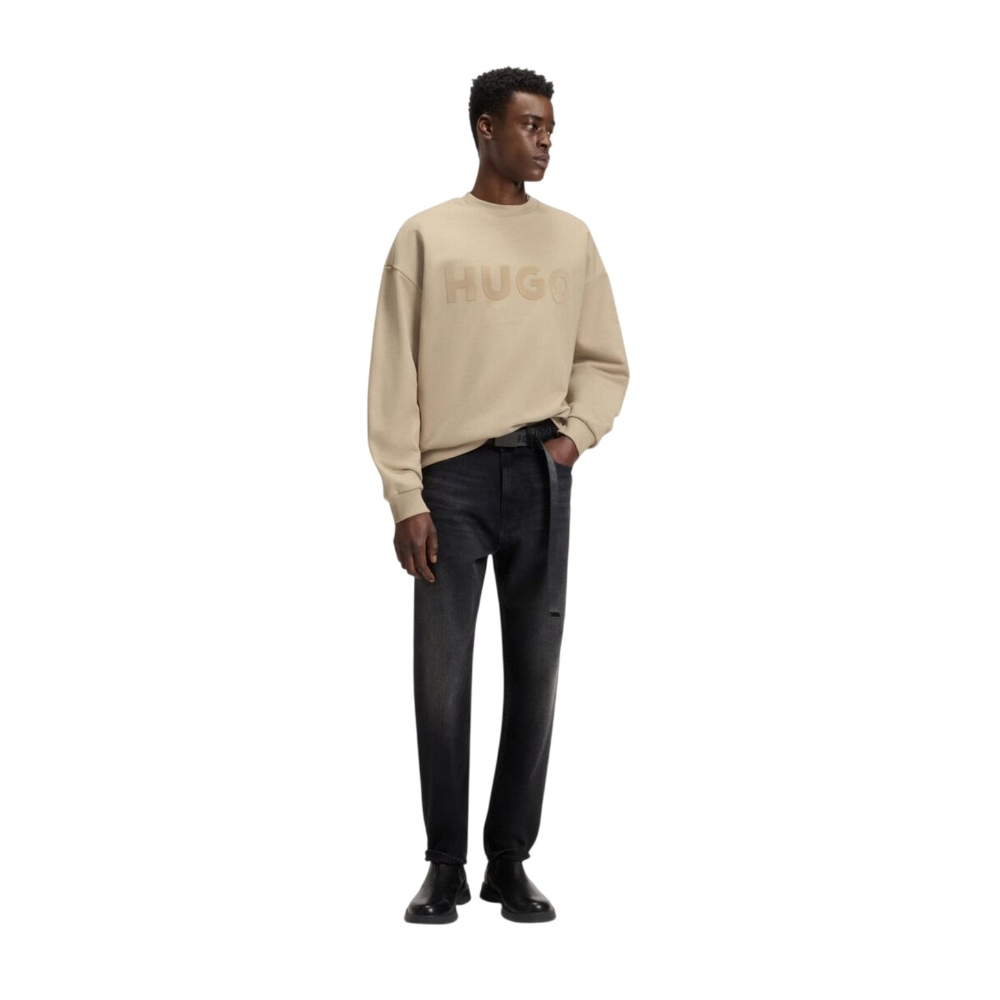 Medium Beige - Side - Hugo Mens Embossed Regular Sweatshirt