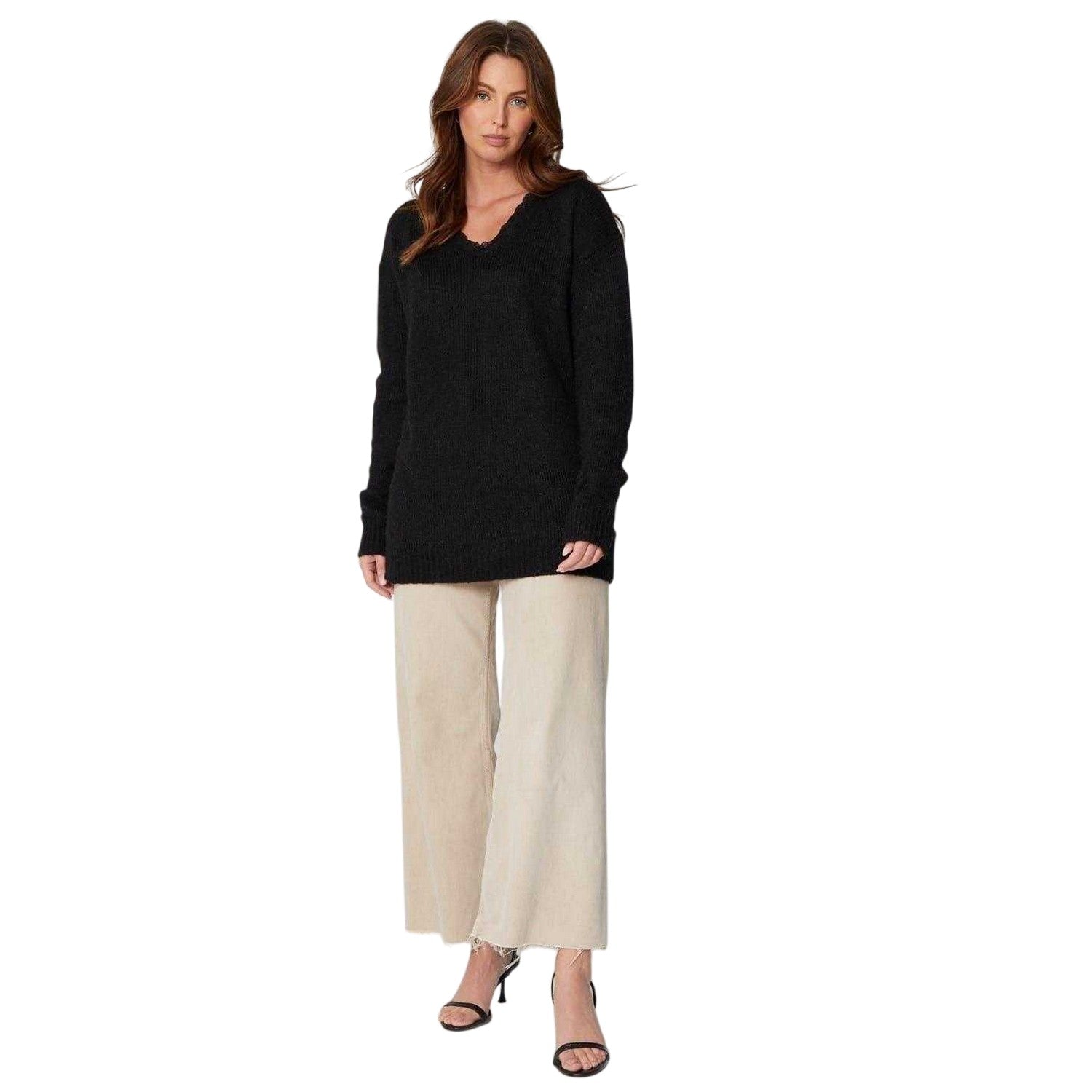 Black - Side - Be You Womens-Ladies Lace Relaxed Fit Sweater Top