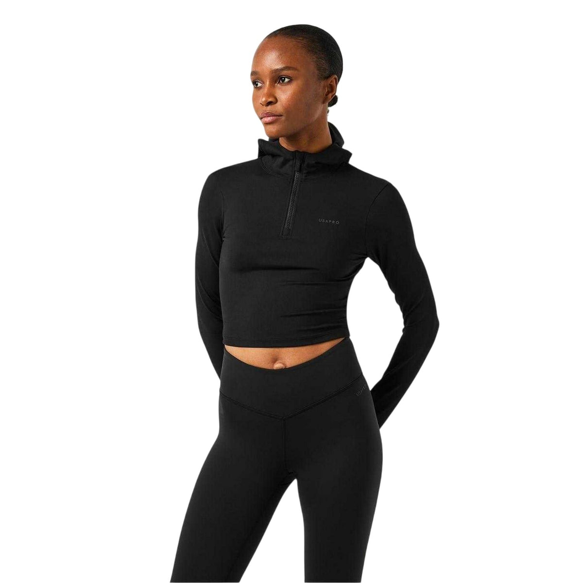 Black - Side - USA Pro Womens-Ladies Quarter Zip Hoodie
