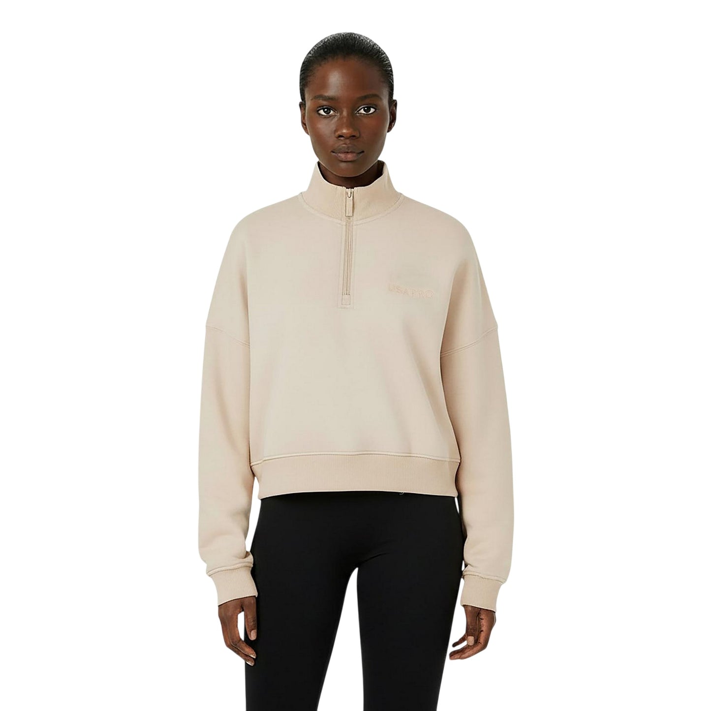 Cream - Side - USA Pro Womens-Ladies Quarter Zip Sweatshirt