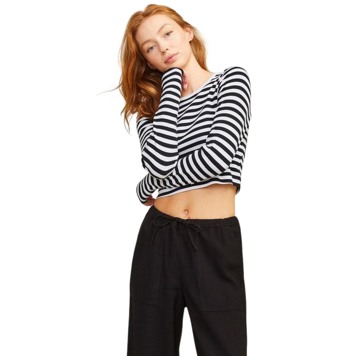 Bright White - Lifestyle - JJXX Womens-Ladies Feline Stripes Crop T-Shirt