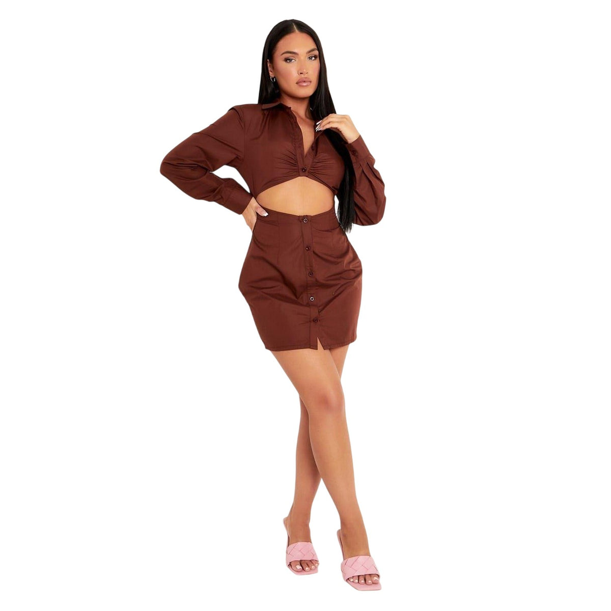 Chocolate - Front - Missy Empire Womens-Ladies Cut Out Mini Shirt Dress